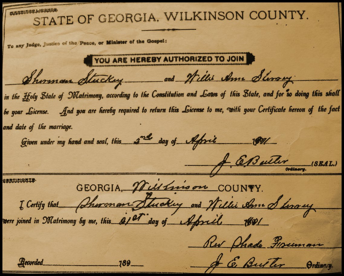 Marriage license
of Sherman Stuckey and Willie A. Sherry